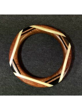 Vintage Laminated Teak and Ebony Wood and Bovine Bone Bangle Bracelet Size S/M